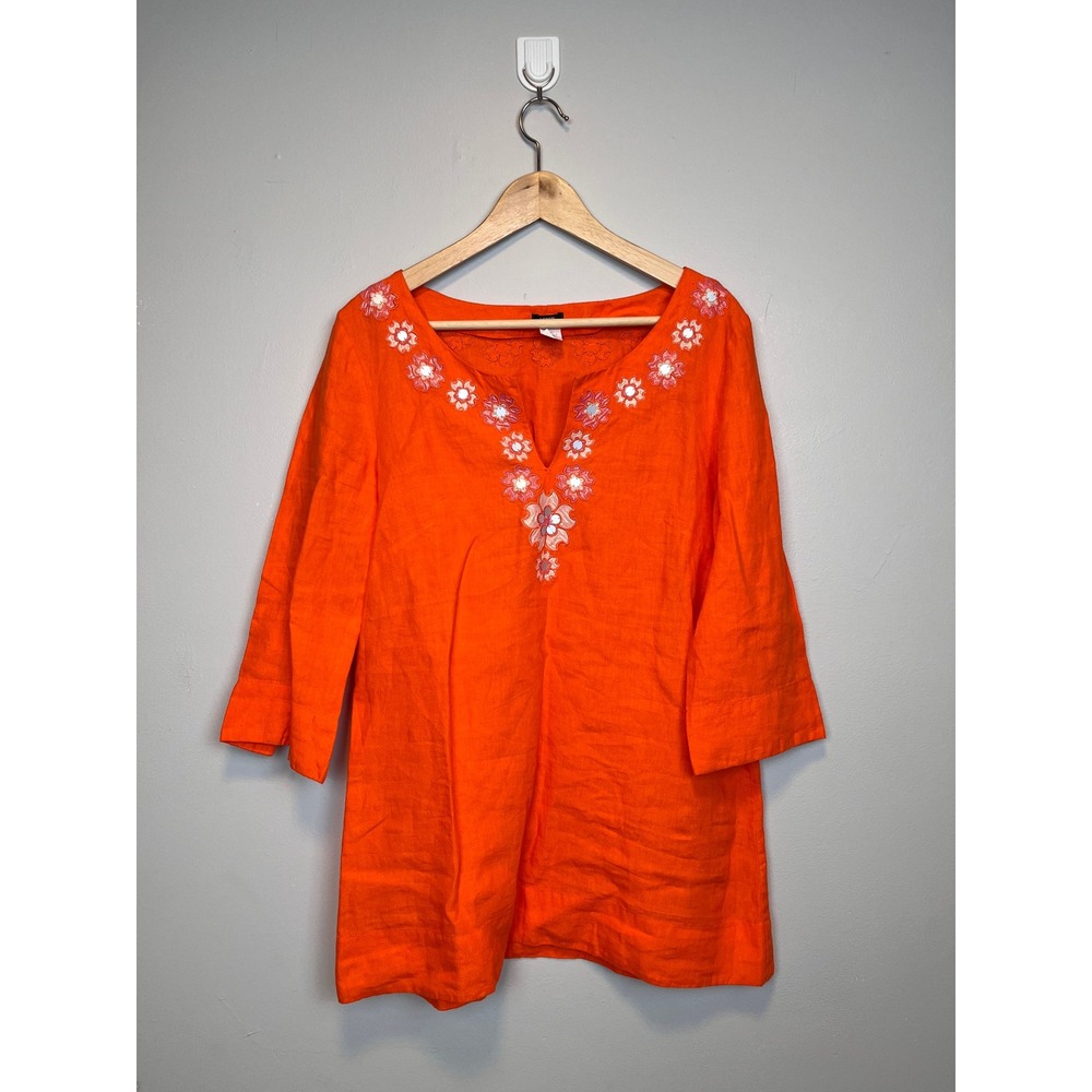 J. Crew Size 10 Orange Linen Sequin Embroidered Boho V-Neck Tunic Top Blouse